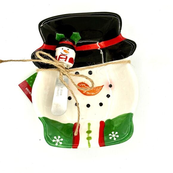 Sleigh Bell Bistro Other - New Sleigh Bell Bistro Ceramic Christmas Snowman Dish With Spreader 2014